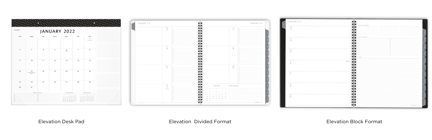 Elevation Desk Pad and planners showing divided and block formats