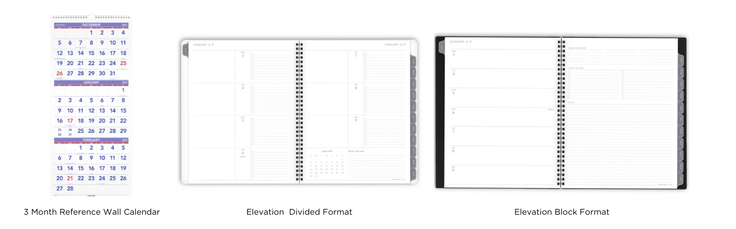 3 Month Reference Calendar, Elevation Collection Block and Divided Planners