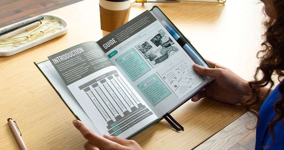 Woman in a coffee shop reading the instruction pages of the AT-A-GLANCE FOUNDATION Planner.