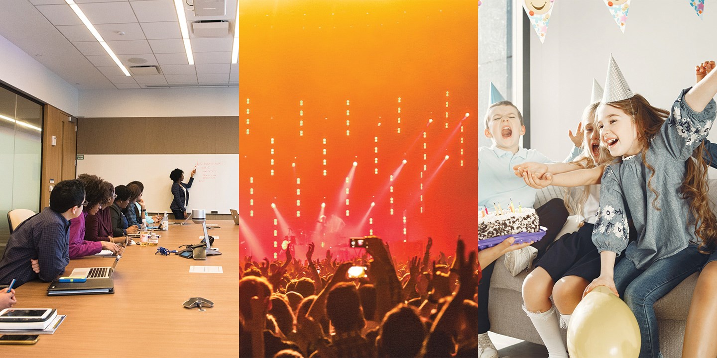 Series of 3 scenes depicting events of office meeting, concert, and children's party